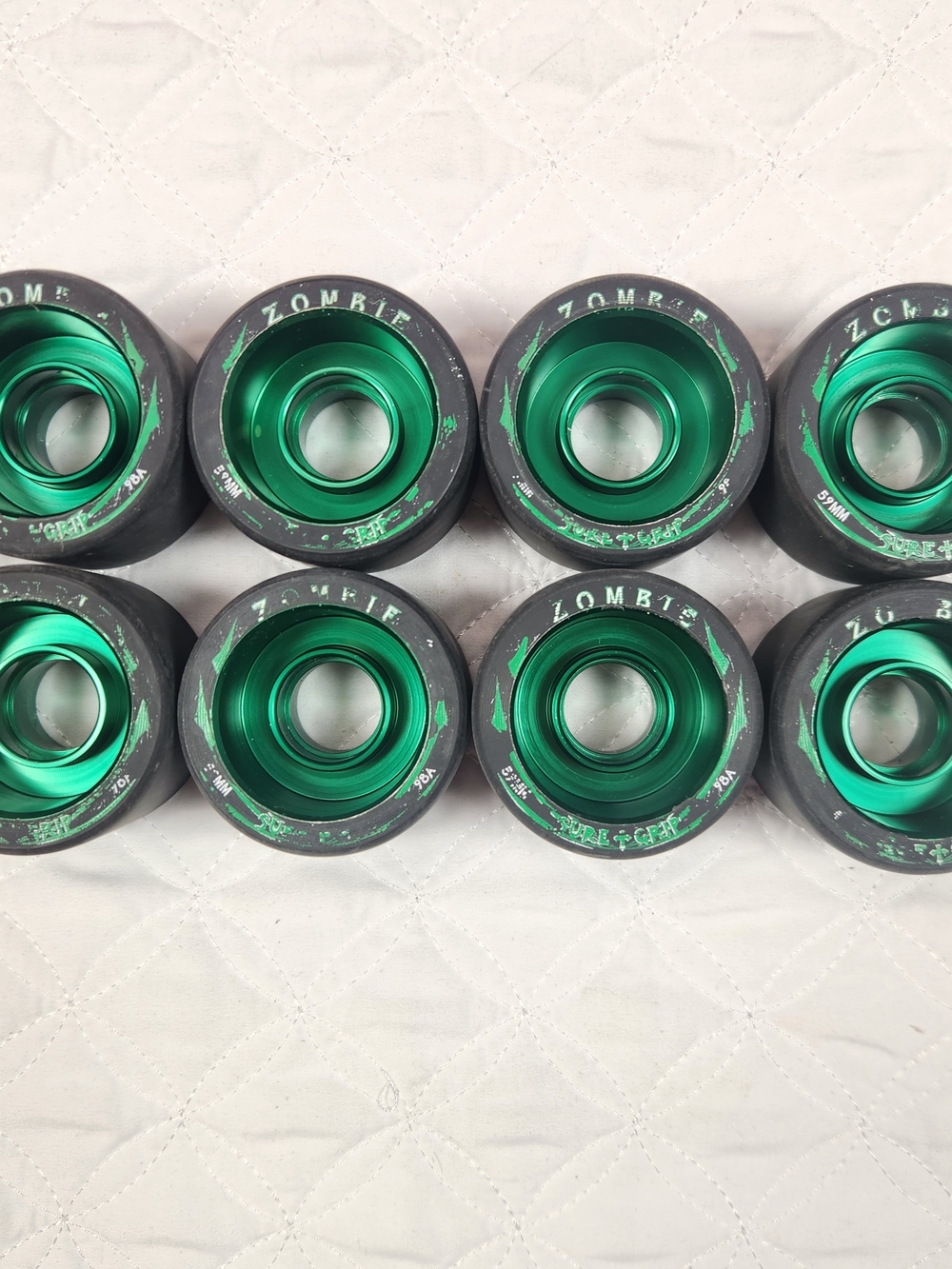 Sure-Grip Zombie Roller Skate Wheels Green Aluminum Hub Set of 8